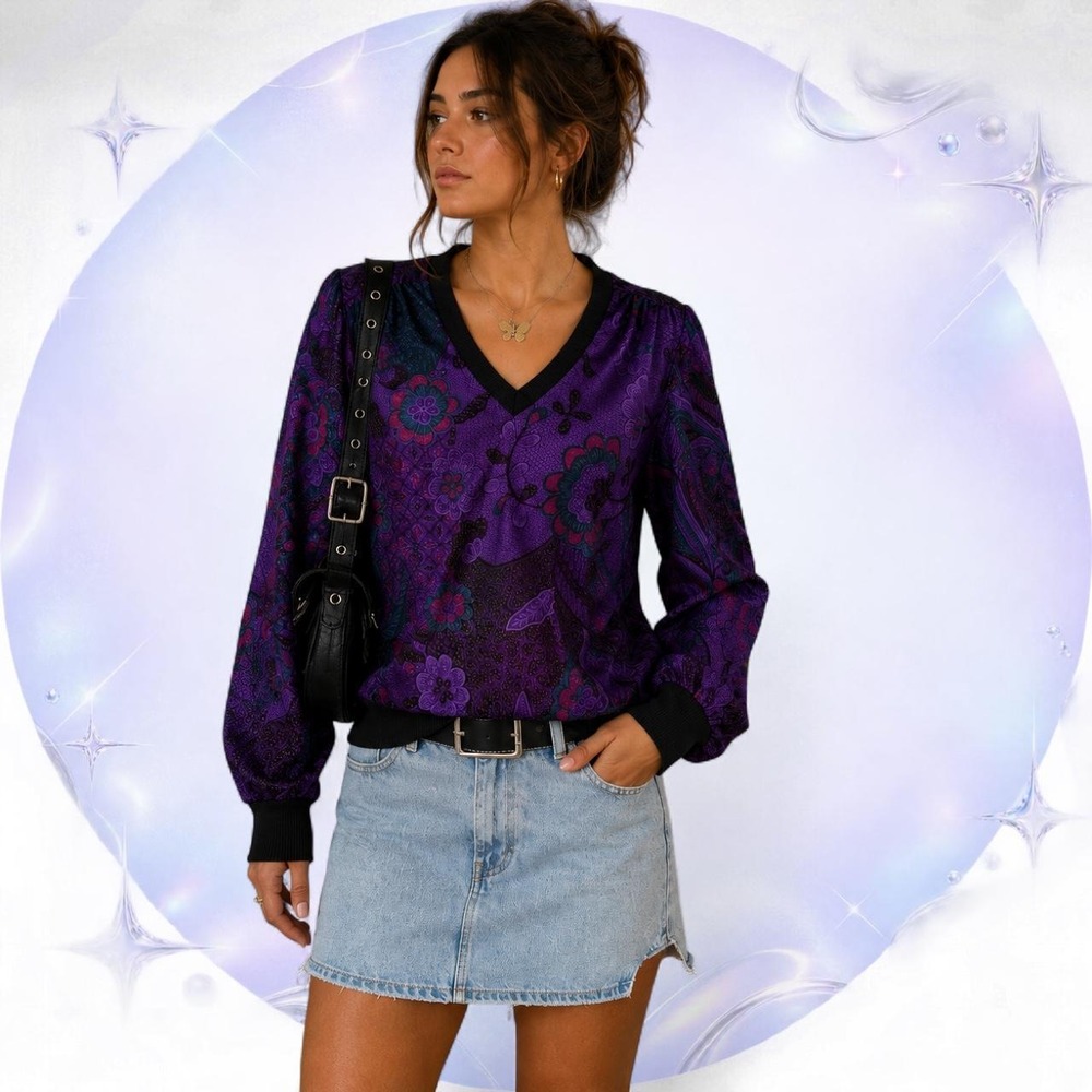 Vintage Purple Floral Paisley V-Neck Pullover Blouse Whimsigoth Boho 90s